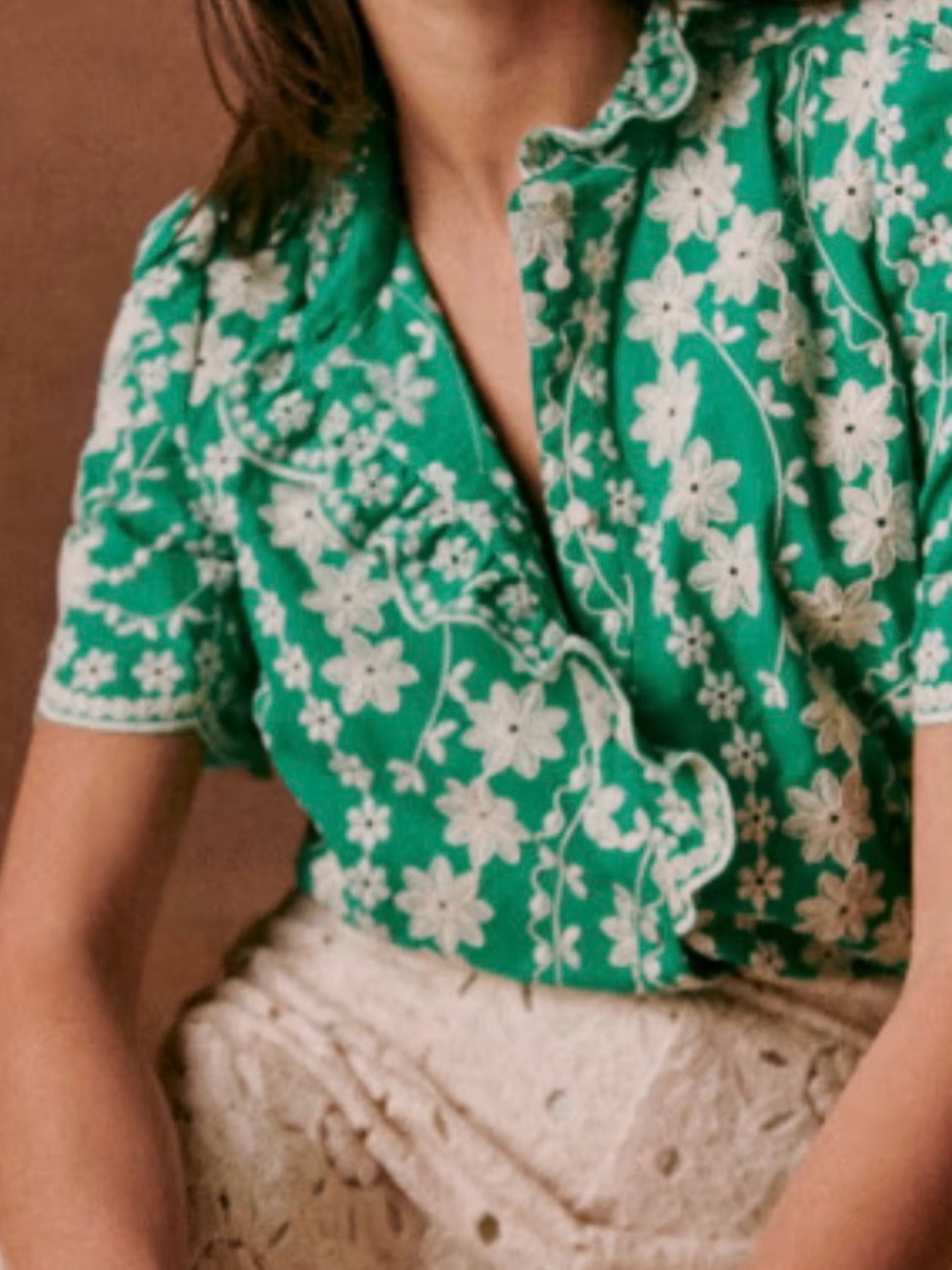 Sézane Dalhia Green Floral Embroidered Short Sleeve Blouse Size 44 US 12